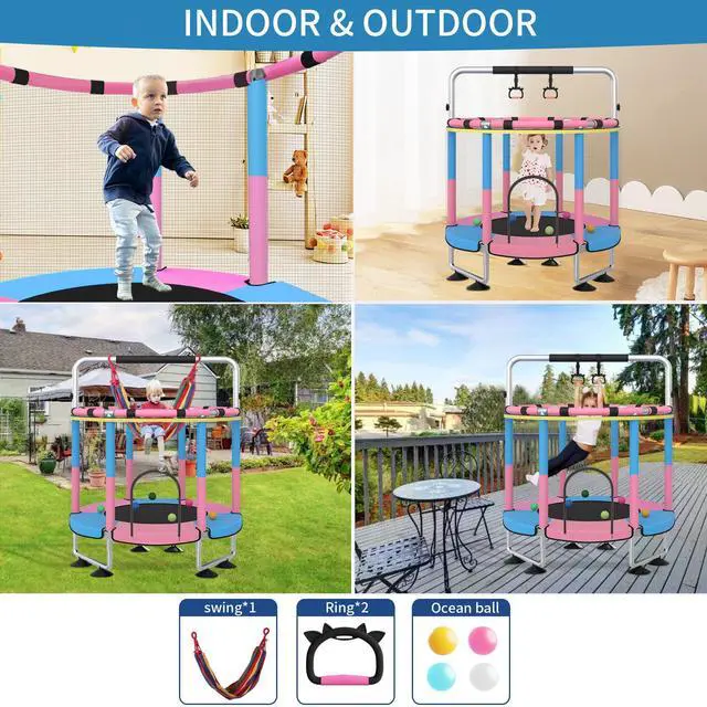 Alt view image 7 of 7 - Trampoline for Kids, Upgrade Full Anti-Rust 440lbs Indoor Outdoor Toddler Trampoline with Net, 55" Adjustable Baby Toddler Trampolines Accessories Dart Board