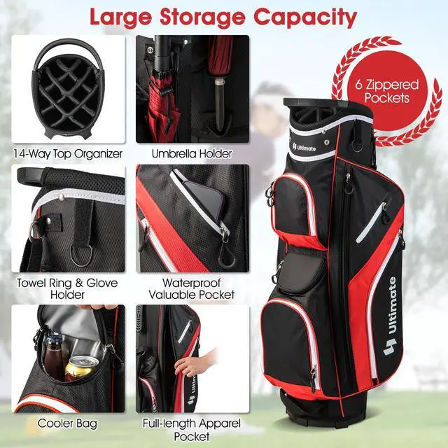Alt view image 2 of 7 - 14-Way Golf Stand Bag, Portable Golf Bag w/ 6 Pockets,Cooler Bag & Waterproof Valuable Pocket, Rain Hood, Ergonomic Dual Strap System & Carrying Handles, 5 LBS Lightweight for Adults