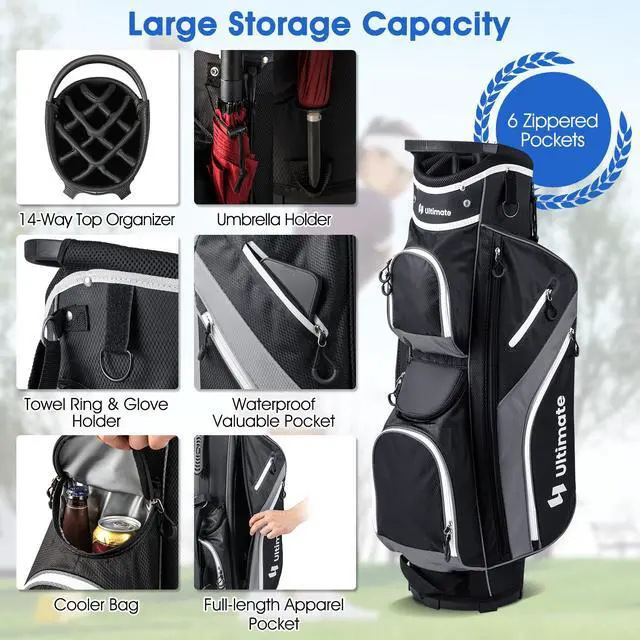 Alt view image 2 of 7 - 14-Way Golf Stand Bag, Portable Golf Bag w/ 6 Pockets,Cooler Bag & Waterproof Valuable Pocket, Rain Hood, Ergonomic Dual Strap System & Carrying Handles, 5 LBS Lightweight for Adults