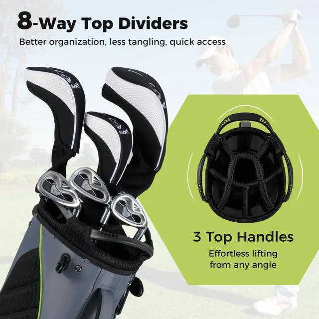 Alt view image 3 of 7 - Golf Stand Bag, 8-Way Golf Bag with 5 Pockets, Rain Hood, Detachable Dual Shoulder Strap, Lumbar Pad, Handles, Portable Golf Club Bag for Men & Women