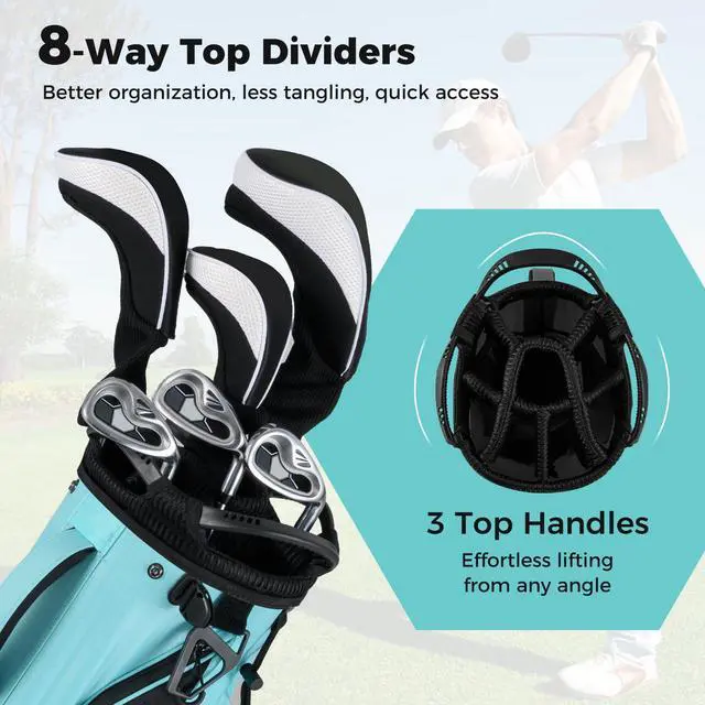 Alt view image 3 of 7 - Golf Stand Bag, 8-Way Golf Bag with 5 Pockets, Rain Hood, Detachable Dual Shoulder Strap, Lumbar Pad, Handles, Portable Golf Club Bag for Men & Women
