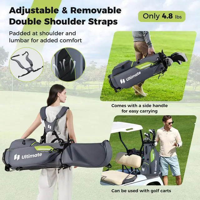 Alt view image 6 of 7 - Golf Stand Bag, 8-Way Golf Bag with 5 Pockets, Rain Hood, Detachable Dual Shoulder Strap, Lumbar Pad, Handles, Portable Golf Club Bag for Men & Women