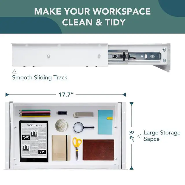 Alt view image 2 of 6 - Under Desk Drawer, Steel Drawer for Desk Slide-out, Under table Mounted Drawer, Standing Workstation Storage Attachment for Office Home - 17.7 Width, White