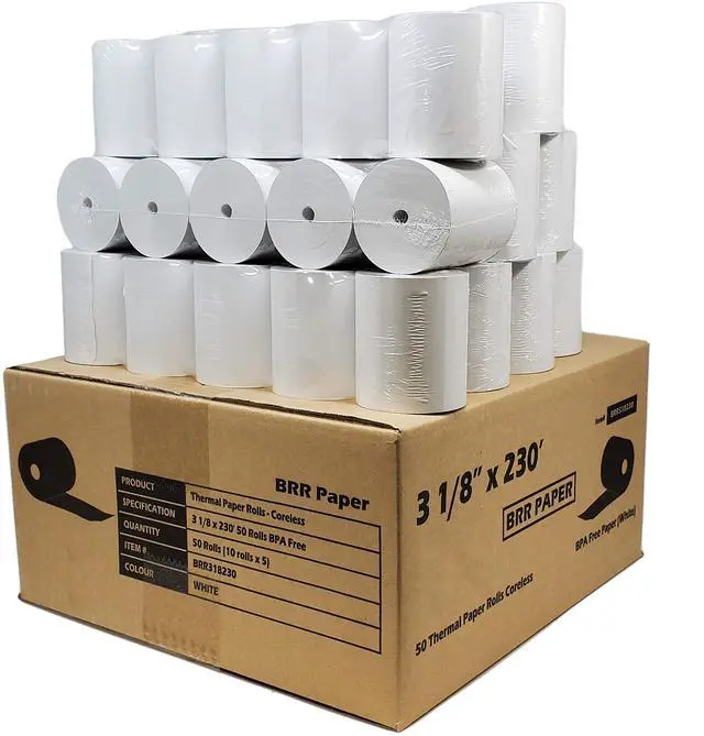 Main image of (55 GSM Paper Thickness Coreless) 3-1/8" x 230' (50 Rolls - 1 Case) Bpa Free Thermal Receipt Printer Paper | No Branding | Blank Tabs | Drop Shipping