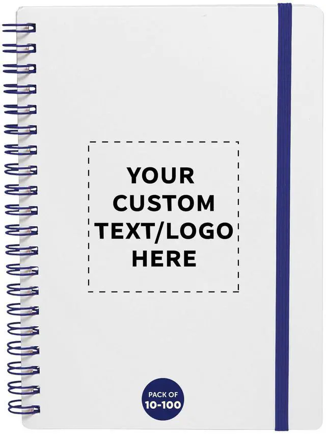Main image of Personalized Custom White Spiral Notebook with Elastic Band Pack 10/50/100 Pack, Customizable Text & Logo, 80 Lined Pages, Recycled Paper Blue