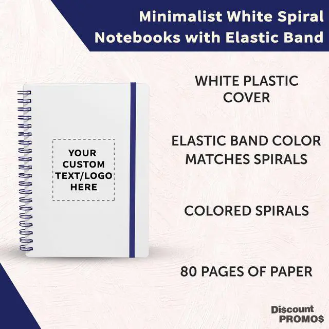 Alt view image 3 of 6 - Personalized Custom White Spiral Notebook with Elastic Band Pack 10/50/100 Pack, Customizable Text & Logo, 80 Lined Pages, Recycled Paper Blue