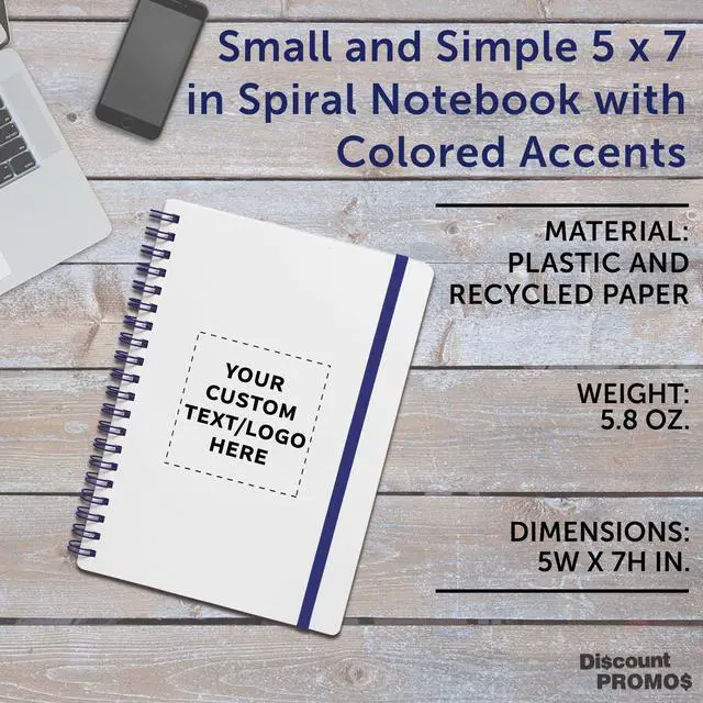Alt view image 4 of 6 - Personalized Custom White Spiral Notebook with Elastic Band Pack 10/50/100 Pack, Customizable Text & Logo, 80 Lined Pages, Recycled Paper Blue
