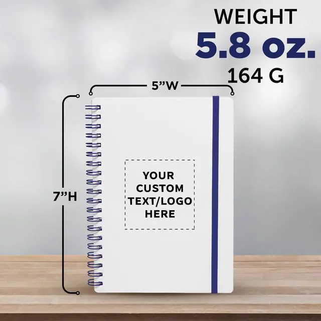 Alt view image 5 of 6 - Personalized Custom White Spiral Notebook with Elastic Band Pack 10/50/100 Pack, Customizable Text & Logo, 80 Lined Pages, Recycled Paper Blue