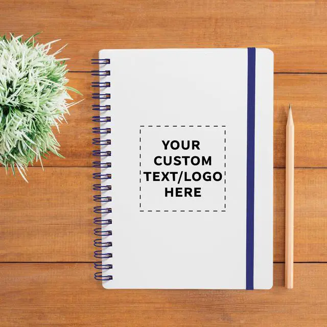Alt view image 6 of 6 - Personalized Custom White Spiral Notebook with Elastic Band Pack 10/50/100 Pack, Customizable Text & Logo, 80 Lined Pages, Recycled Paper Blue