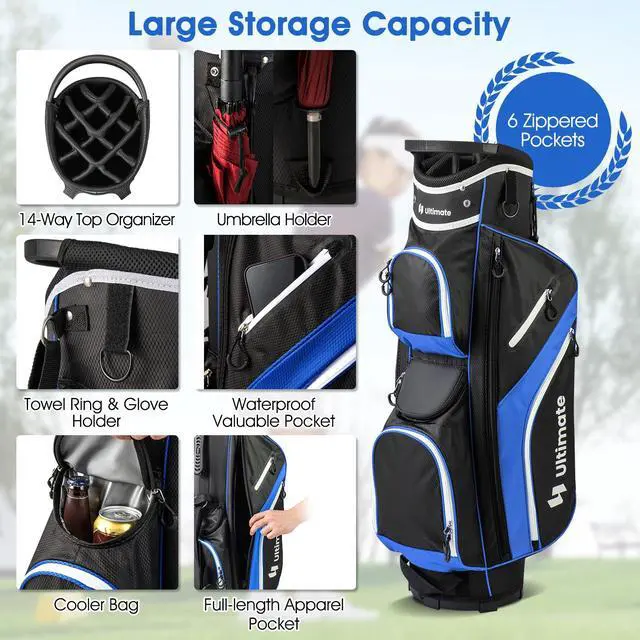 Alt view image 2 of 7 - 14-Way Golf Stand Bag, Portable Golf Bag w/ 6 Pockets,Cooler Bag & Waterproof Valuable Pocket, Rain Hood, Ergonomic Dual Strap System & Carrying Handles, 5 LBS Lightweight for Adults