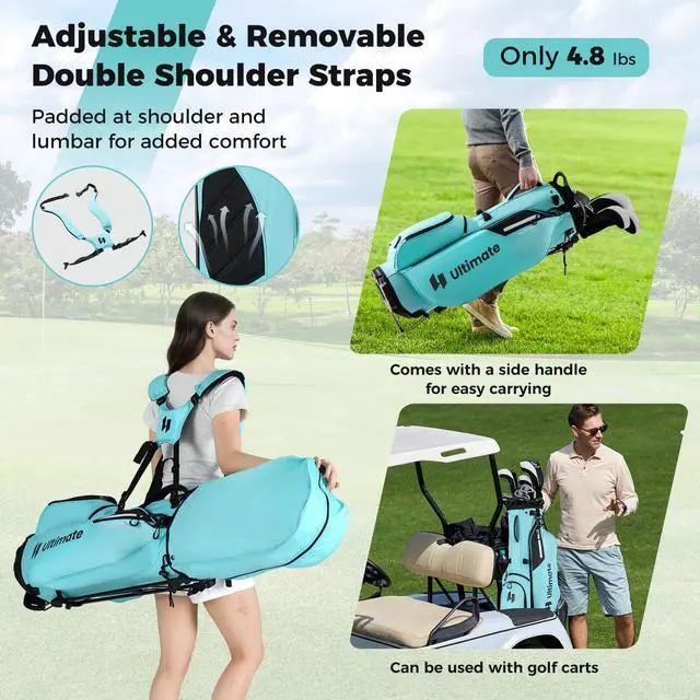 Alt view image 6 of 7 - Golf Stand Bag, 8-Way Golf Bag with 5 Pockets, Rain Hood, Detachable Dual Shoulder Strap, Lumbar Pad, Handles, Portable Golf Club Bag for Men & Women