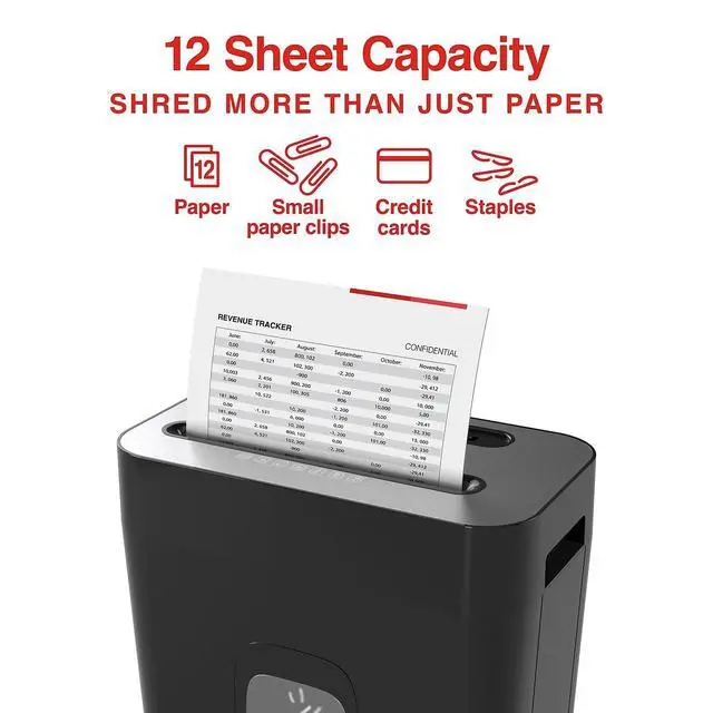 Alt view image 2 of 6 - 12-Sheet Cross-Cut Paper Shredder, Shreds Credit Cards/, Quiet Home Office Paper Shredder, Auto Start/Stop, Anti-Jam, 4.25 Gallon, Black