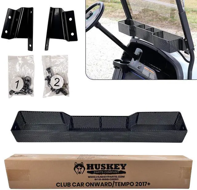 Main image of Huskey Golf Cart Front Basket Storage Basket Dash Basket Compatible W/EZGO TXT/RXV,Club Car DS (2000.5+) Precedent/Tempo/Onward,Yamaha G29 Drive2 2007+ One Piece Solid Design & Larger Compartments