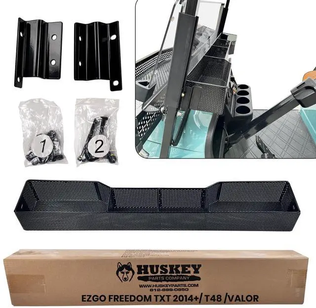 Main image of Huskey Golf Cart Front Basket Storage Basket Dash Basket Compatible W/EZGO TXT/RXV,Club Car DS (2000.5+) Precedent/Tempo/Onward,Yamaha G29 Drive2 2007+ One Piece Solid Design & Larger Compartments