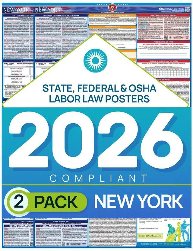 Main image of New York 2026 Labor Law Poster State & Federal Compliance OSHA, EEOC, FMLA, Minimum Wage Durable, Laminated & Waterproof Workplace Employment Poster Made in USA 26 x 39.5, 2-Pack