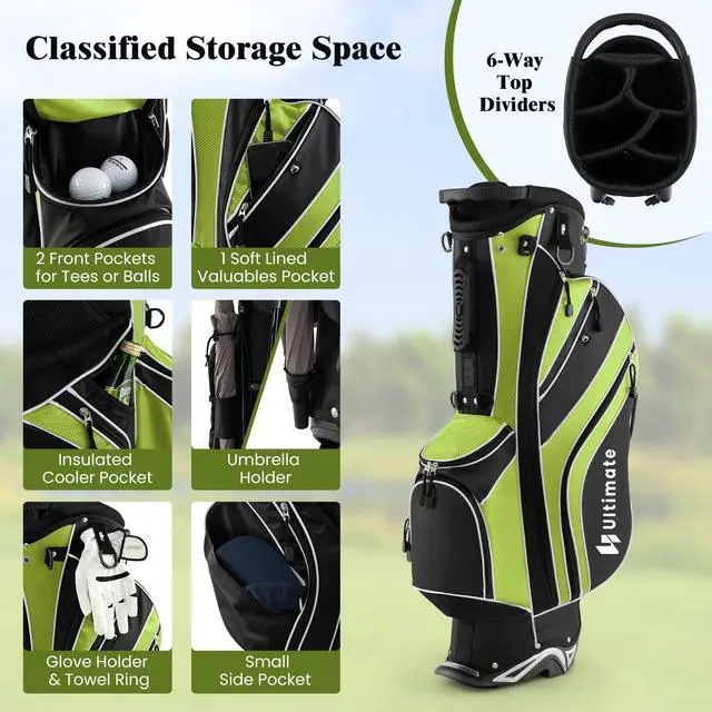 Alt view image 3 of 7 - Golf Stand Bag, 6 Way Top Dividers Golf Bag w/Pockets & Cooler Bag, Lightweight Portable Golf Club Bag w/Dual Shoulder Strap & Rain Hood, Golf Carry Bag for Women & Men