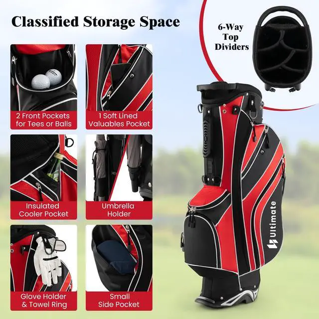 Alt view image 3 of 7 - Golf Stand Bag, 6 Way Top Dividers Golf Bag w/Pockets & Cooler Bag, Lightweight Portable Golf Club Bag w/Dual Shoulder Strap & Rain Hood, Golf Carry Bag for Women & Men