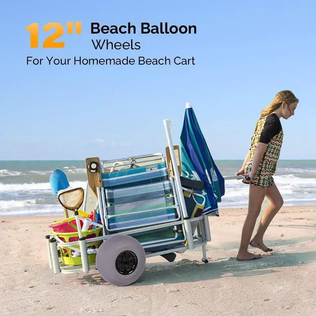 Alt view image 2 of 7 - 12" Balloon Wheels Beach Cart Tires Replacement Big Sand Wheels for Beach Buggy, Kayak Trolley, Canoe Dolly, Rolling Walker, Garden Cart, Wheelchair, Sand Wagon w/Free Air Pump, 2-Pack