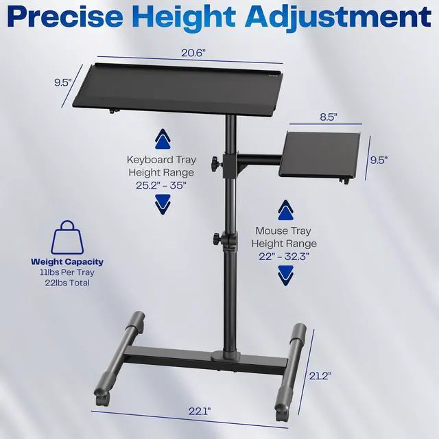 Alt view image 3 of 7 - Black Mobile Keyboard Tray and Mouse Pad Cart, CART-KB1A | Freestanding, Ergonomic Typing Platform with Tilting Design and Height Adjustment