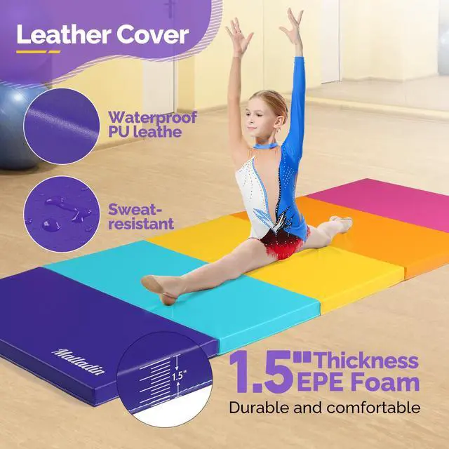 Alt view image 2 of 7 - Folding Gymnastics Gym Exercise Aerobics Mat, 76"L x 30"W x 1.5"Th Folding Exercise Mat, Easy to Clean PU Leather Tumbling Mats for Stretching Yoga Cheerleading Martial Arts, Kid Play(Pink,Blue