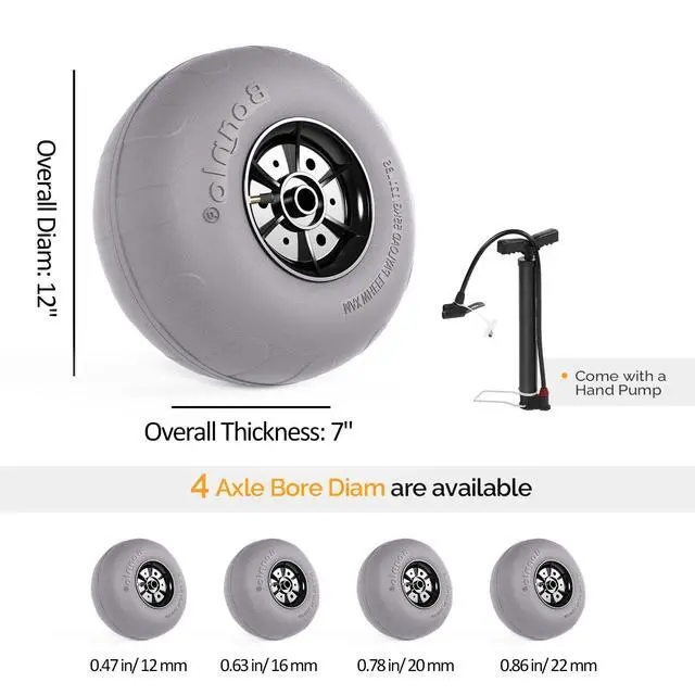 Alt view image 7 of 7 - 12" Balloon Wheels Beach Cart Tires Replacement Big Sand Wheels for Beach Buggy, Kayak Trolley, Canoe Dolly, Rolling Walker, Garden Cart, Wheelchair, Sand Wagon w/Free Air Pump, 2-Pack