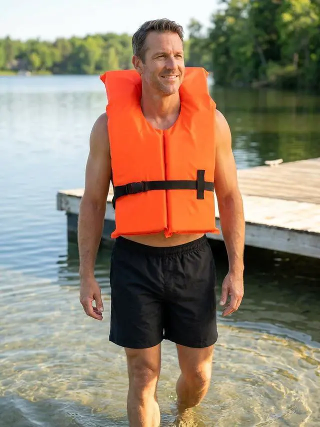 Alt view image 3 of 7 - 3 Pack Coast Guard Approved Life Jackets. High Visibility Color Type II Keyhole Life Vest in Classic May West Style. Compliance Flotation Device