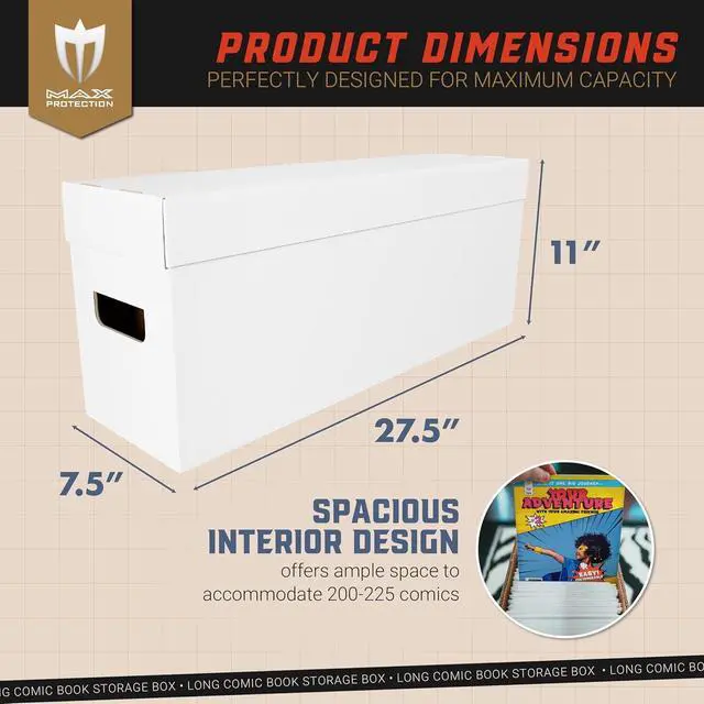 Alt view image 2 of 7 - Comic Book Storage Box - 4 Count Long ComicBook Boxes with White Corrugated Cardboard - Stackable Bin, Thick Case, Book Containers with Lid - Ideal for Comics, Magazines, Collectibles