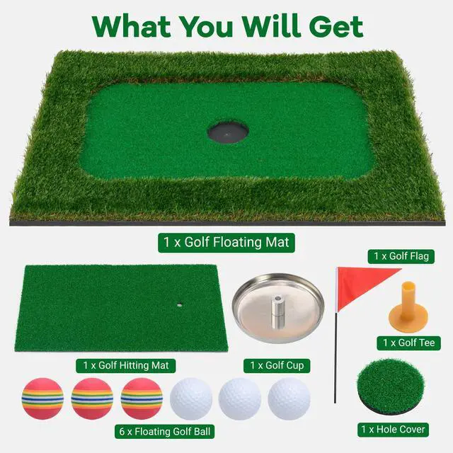 Alt view image 2 of 7 - Floating Golf Green for Pool, Floating Chipping Green Mat w/Hitting Mat, Golf Balls, Flag and Tee for Golf Practice, Golf Putting Mat for Golf Game