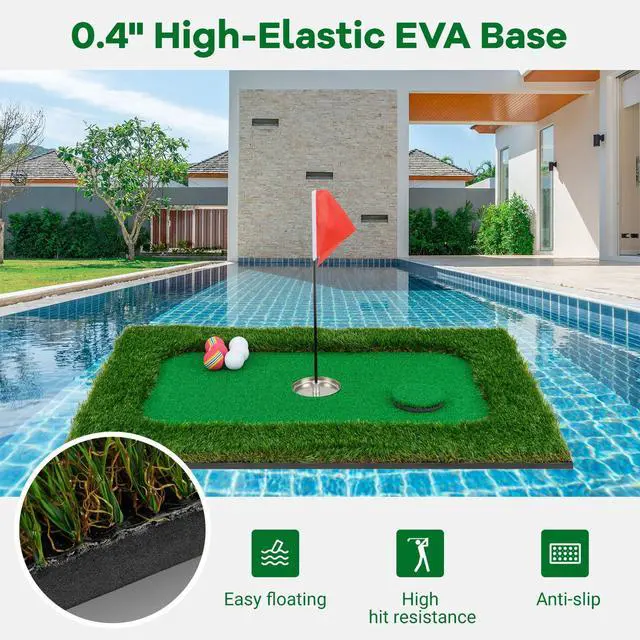 Alt view image 4 of 7 - Floating Golf Green for Pool, Floating Chipping Green Mat w/Hitting Mat, Golf Balls, Flag and Tee for Golf Practice, Golf Putting Mat for Golf Game