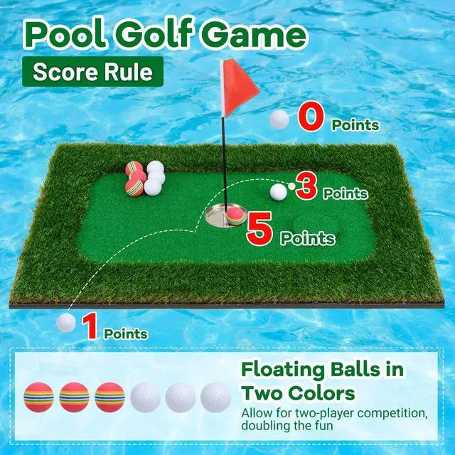 Alt view image 7 of 7 - Floating Golf Green for Pool, Floating Chipping Green Mat w/Hitting Mat, Golf Balls, Flag and Tee for Golf Practice, Golf Putting Mat for Golf Game