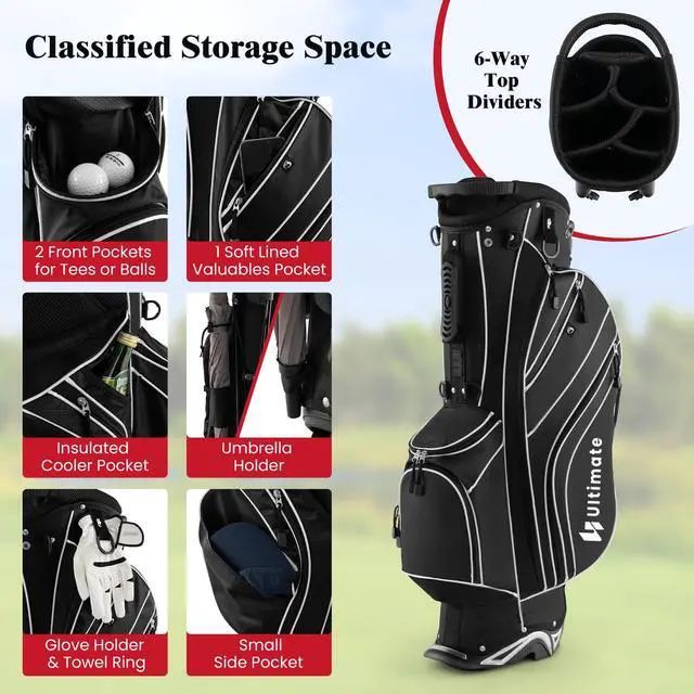 Alt view image 3 of 7 - Golf Stand Bag, 6 Way Top Dividers Golf Bag w/Pockets & Cooler Bag, Lightweight Portable Golf Club Bag w/Dual Shoulder Strap & Rain Hood, Golf Carry Bag for Women & Men