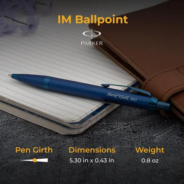 Alt view image 5 of 6 - Parker IM Engraved Ballpoint Pen, Monochrome Blue All-Metal Trim, Quink Blue Ink, Personalized Gift for Graduation, Career Advancement, Birthdays, New Job, Parker Gift Box Included