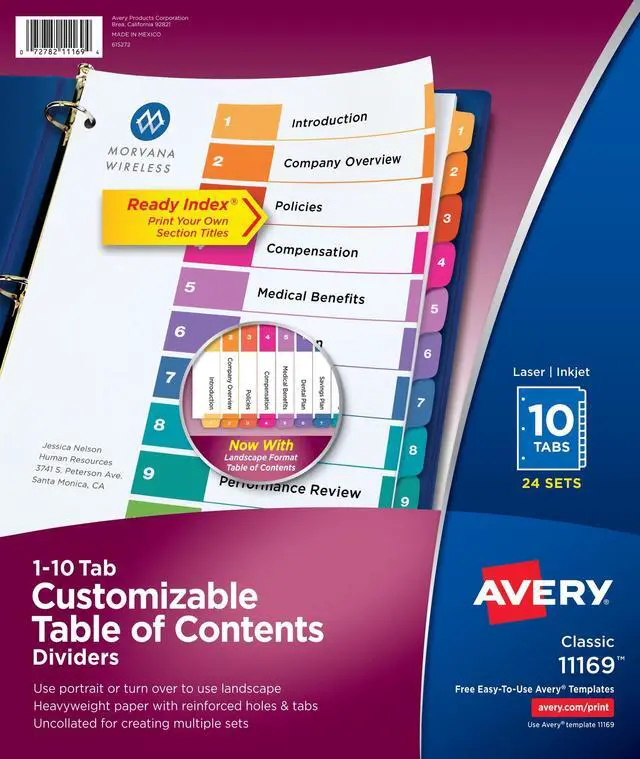 Main image of 10 Tab Dividers for 3 Ring Binders, Customizable Table of Contents, Multicolor Tabs, 24 Sets (11169)
