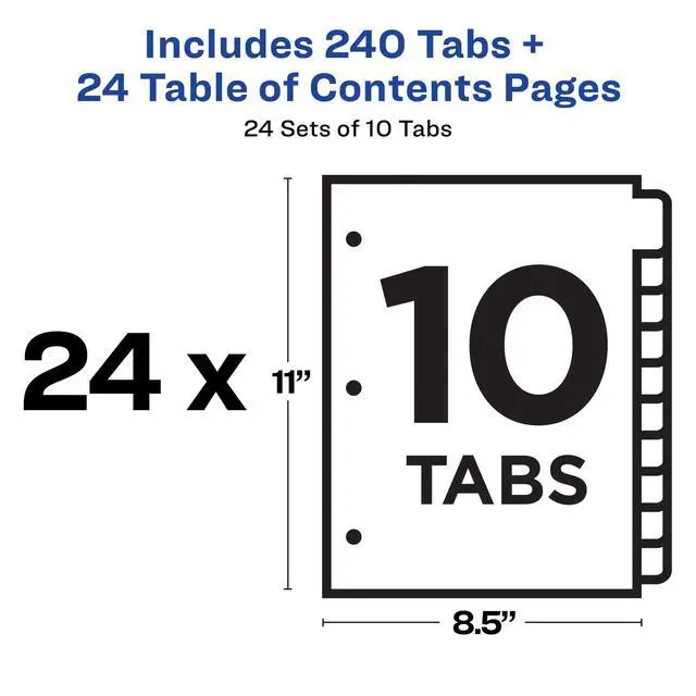 Alt view image 4 of 7 - 10 Tab Dividers for 3 Ring Binders, Customizable Table of Contents, Multicolor Tabs, 24 Sets (11169)