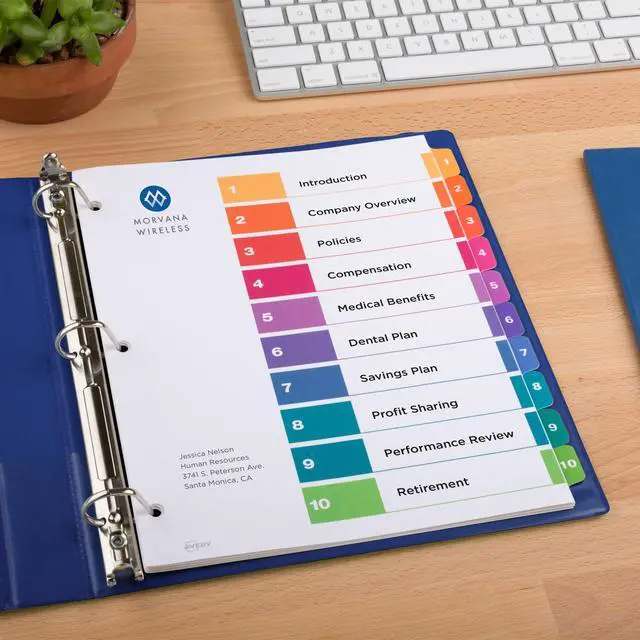 Alt view image 6 of 7 - 10 Tab Dividers for 3 Ring Binders, Customizable Table of Contents, Multicolor Tabs, 24 Sets (11169)