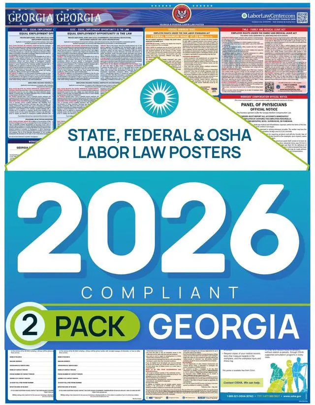 Main image of Georgia 2026 Labor Law Poster State & Federal Compliance OSHA, EEOC, FMLA, Minimum Wage Durable, Laminated & Waterproof Workplace Employment Poster Made in USA 26 x 39.5, 2-Pack