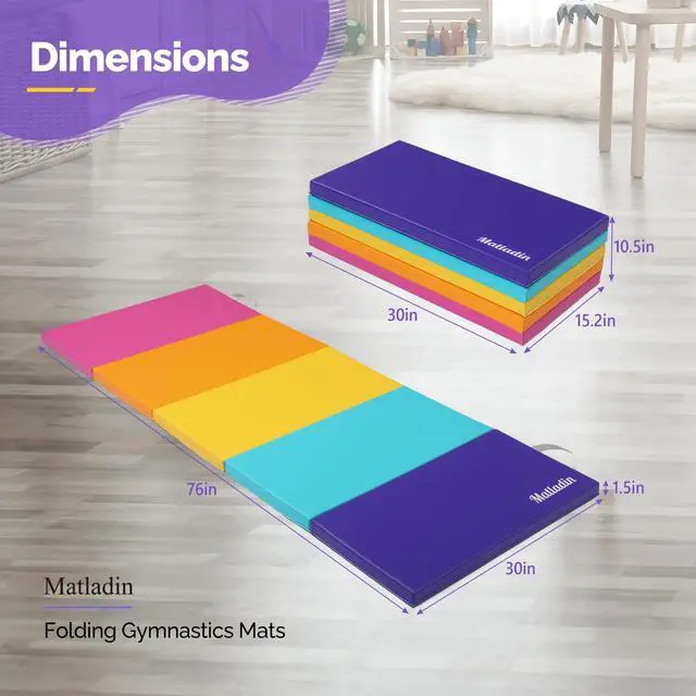 Alt view image 6 of 7 - Folding Gymnastics Gym Exercise Aerobics Mat, 76"L x 30"W x 1.5"Th Folding Exercise Mat, Easy to Clean PU Leather Tumbling Mats for Stretching Yoga Cheerleading Martial Arts, Kid Play(Pink,Blue