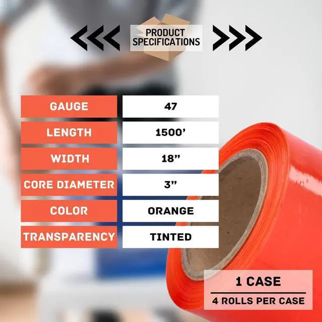 Alt view image 3 of 7 - PSBM Tinted Orange Plastic Stretch Film/Wrap 18" x 1500' 47 GA 4 Rolls | Stretch Wrap, Heavy Duty Plastic Film, Industrial Strength Shrink Packaging for Moving, Packing, Shipping, Warehouse Storage
