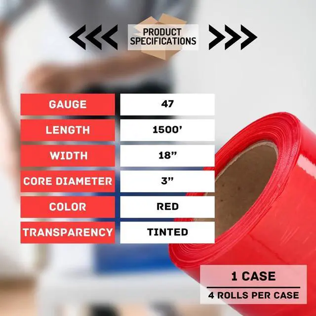 Alt view image 3 of 7 - PSBM Tinted Red Plastic Stretch Film/Wrap 18 Inch x 1500 Ft 47 GA 4 Rolls | Stretch Wrap, Heavy Duty Plastic Film, Industrial Strength Shrink Packaging for Moving, Packing, Shipping, Warehouse Storage