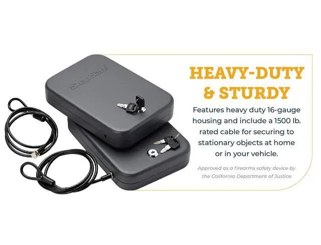 Alt view image 2 of 7 - Portable Lock Box for Guns and Valuables, 2 Pack - Includes 2 Lock Boxes (Keyed Alike), 4 Keys and 1500 Pound Patented Security Cable - Thick 16-Gauge Steel - An Ideal Car Gun Safe