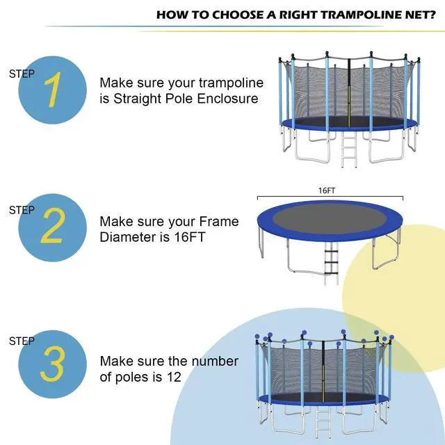 Alt view image 4 of 7 - Trampoline Safety Net w/Adjustable Straps, 8 10 12 14 15 16Ft Weather-Resistant Replacement Enclosure Net with Double-Headed Zipper, Protection Buckle, Poles Not Included