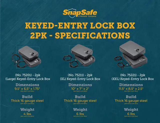 Alt view image 3 of 7 - Portable Lock Box for Guns and Valuables, 2 Pack - Includes 2 Lock Boxes (Keyed Alike), 4 Keys and 1500 Pound Patented Security Cable - Thick 16-Gauge Steel - An Ideal Car Gun Safe
