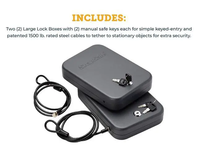 Alt view image 6 of 7 - Portable Lock Box for Guns and Valuables, 2 Pack - Includes 2 Lock Boxes (Keyed Alike), 4 Keys and 1500 Pound Patented Security Cable - Thick 16-Gauge Steel - An Ideal Car Gun Safe