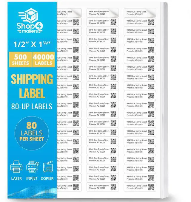 Main image of 40000 Labels (500 Sheets) 80-Up White Shipping Labels ½ x 1¾" Permanent Self-Adhesive Easy Peel Stickers for Laser & Inkjet Printers