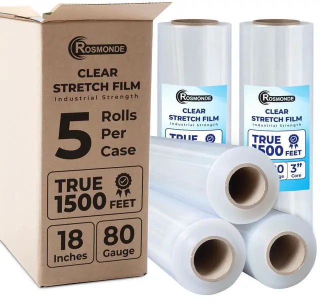 Main image of 18" Plastic Wrap for Moving, 5 Pack, 18" x 1500 ft Shrink Wrap, 80 Gauge Thick, 9.4 lbs/Roll, Premium Shrink Wrap Roll, Hand Bulk Stretch Wrap, Heavy Duty Stretch Film for Moving & Pallets