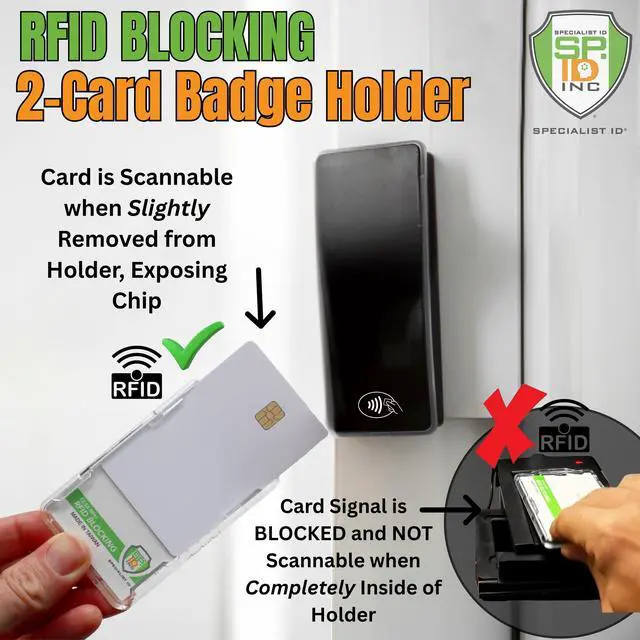 Alt view image 3 of 7 - 10 Pack - RFID Blocking Badge Holder - Secure 2 Card Holder for Government, HSPD-12, CAC, TWIC, PIV, Smart Cards - Durable Hard Plastic, Dual Sided, RFID Badge Protection (Clear)