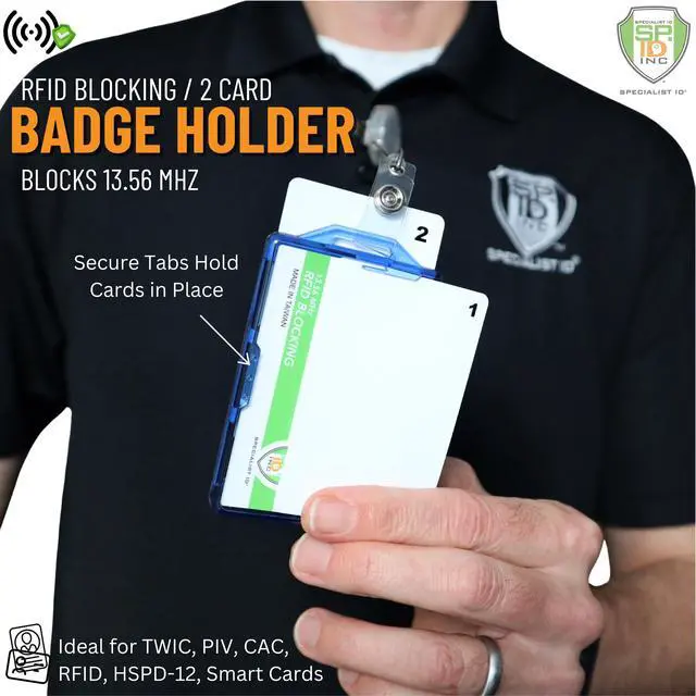 Alt view image 4 of 7 - 10 Pack - RFID Blocking Badge Holder - Secure 2 Card Holder for Government, HSPD-12, CAC, TWIC, PIV, Smart Cards - Durable Hard Plastic, Dual Sided, RFID Badge Protection (Clear)