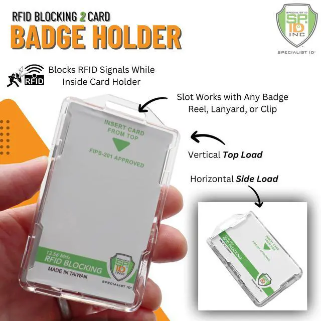 Alt view image 2 of 7 - 10 Pack - RFID Blocking Badge Holder - Secure 2 Card Holder for Government, HSPD-12, CAC, TWIC, PIV, Smart Cards - Durable Hard Plastic, Dual Sided, RFID Badge Protection (Clear)