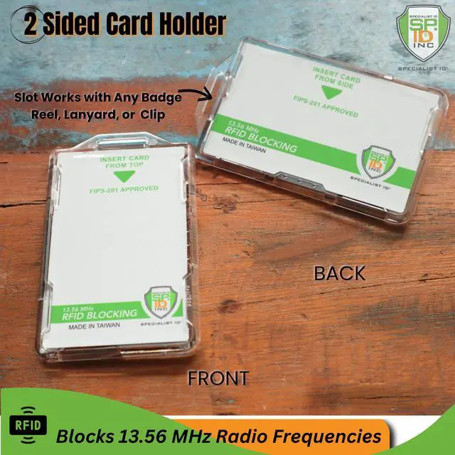 Alt view image 5 of 7 - 10 Pack - RFID Blocking Badge Holder - Secure 2 Card Holder for Government, HSPD-12, CAC, TWIC, PIV, Smart Cards - Durable Hard Plastic, Dual Sided, RFID Badge Protection (Clear)