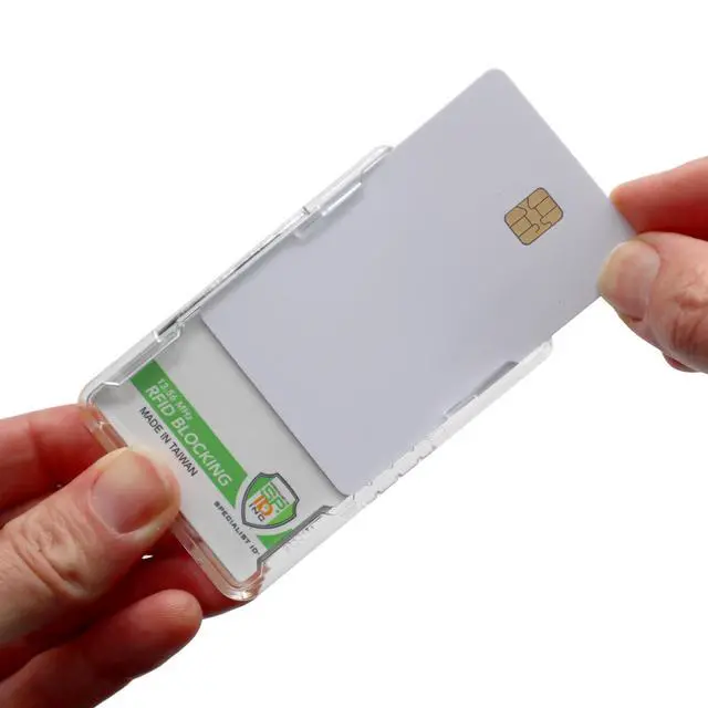 Alt view image 6 of 7 - 10 Pack - RFID Blocking Badge Holder - Secure 2 Card Holder for Government, HSPD-12, CAC, TWIC, PIV, Smart Cards - Durable Hard Plastic, Dual Sided, RFID Badge Protection (Clear)